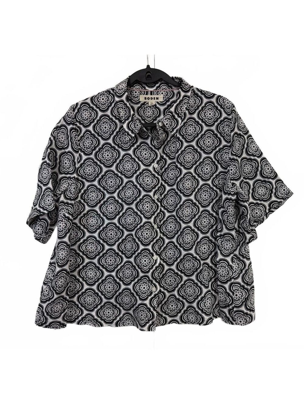 Boden 100% Linen Button Up Shirt Womens 12 Black White Floral Geometric Print